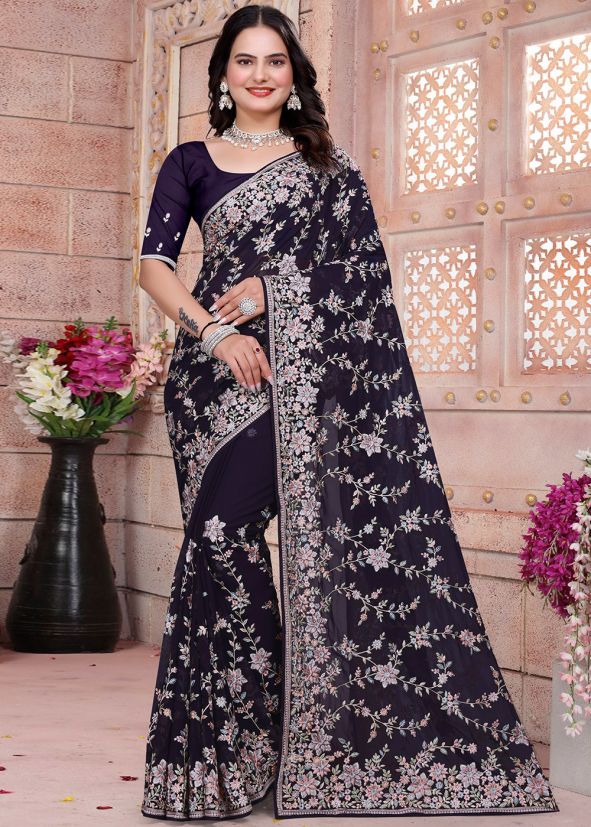 Purple Georgette Saree In Resham Work