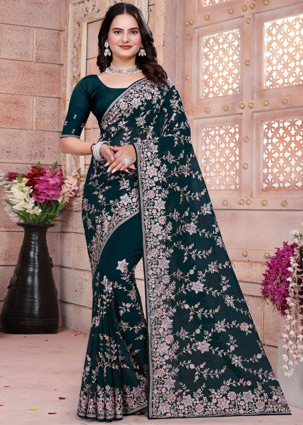 Teal Green Resham Work Georgette Saree
