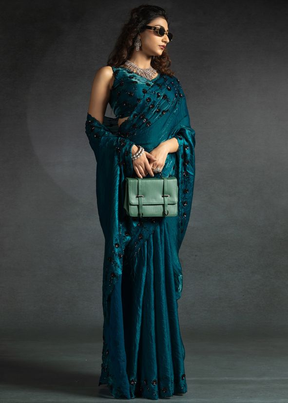 Teal Blue Applique Work Satin Saree