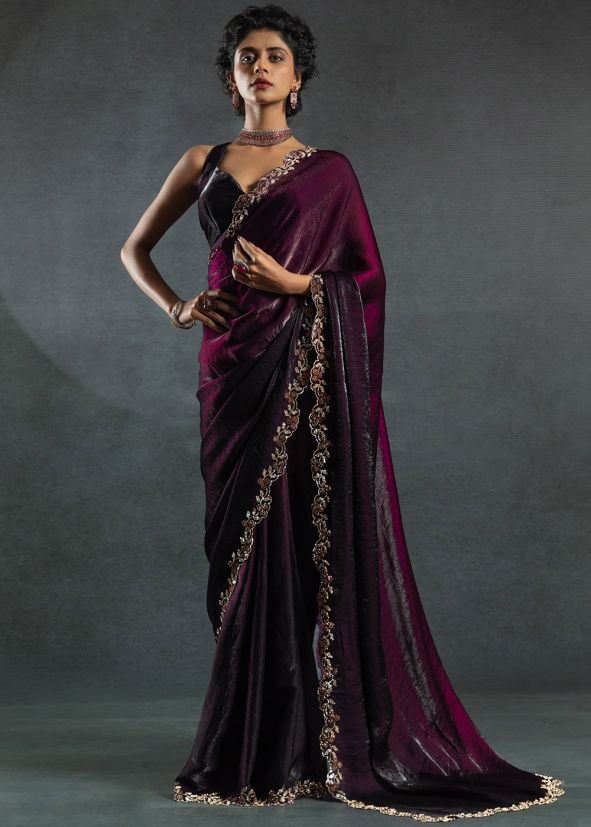Wine Stone Work Saree In Satin