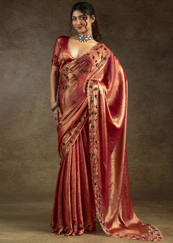 Red Embroidered Satin Saree