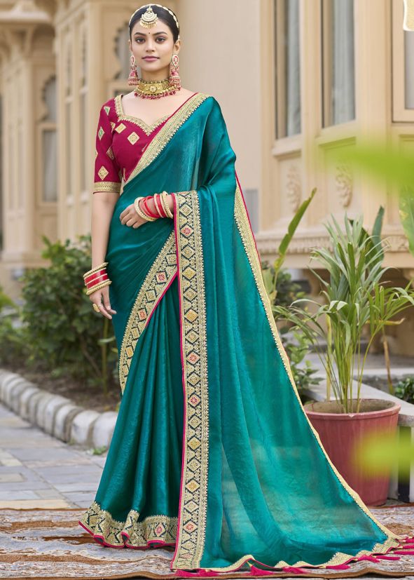 Turquoise Embroidered Border Saree