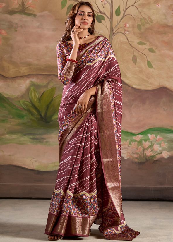 Maroon Printed Dola Silk Saree