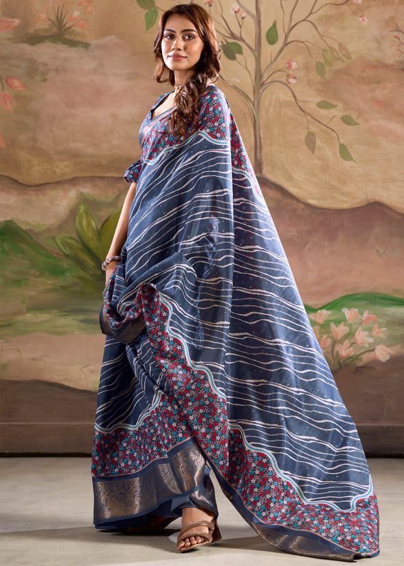 Blue Printed Dola Silk Saree