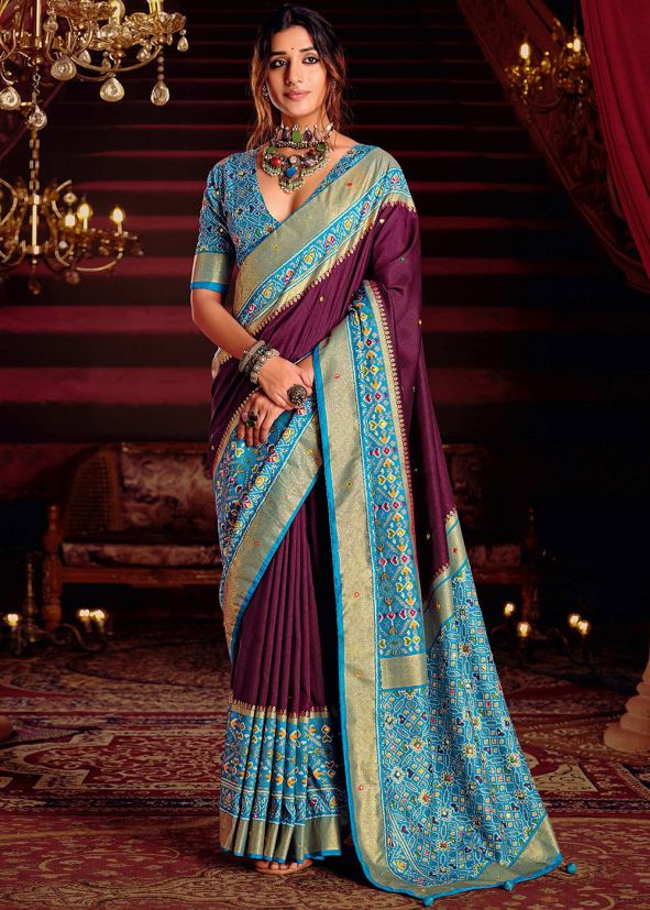 Purple Printed Silk Saree & Blouse