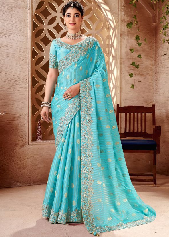 Blue Embroidered Viscose Saree