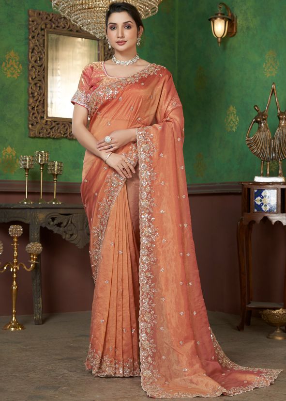 Orange Embroidered Georgette Saree