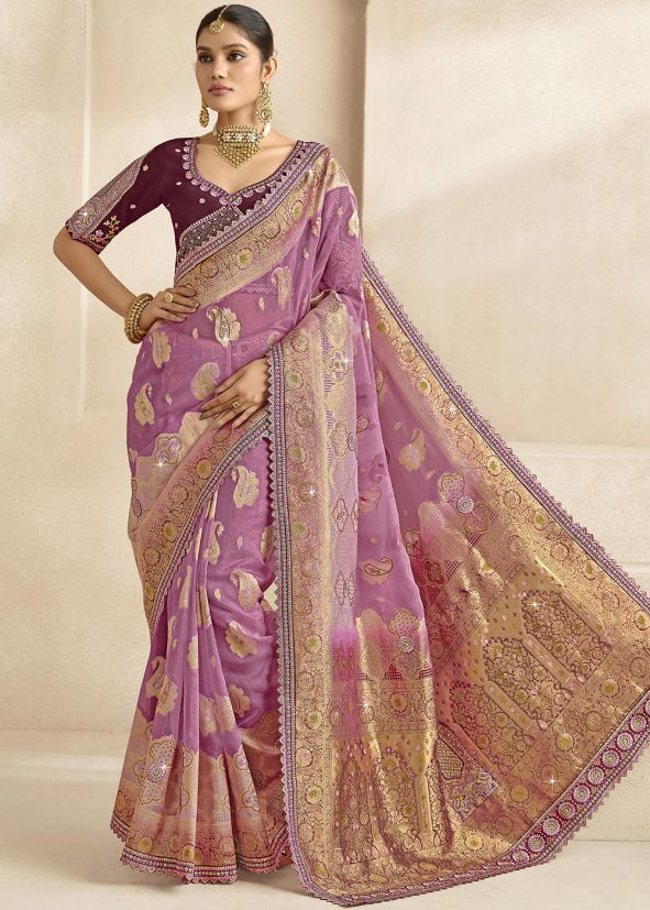Pink Saree In Woven Work