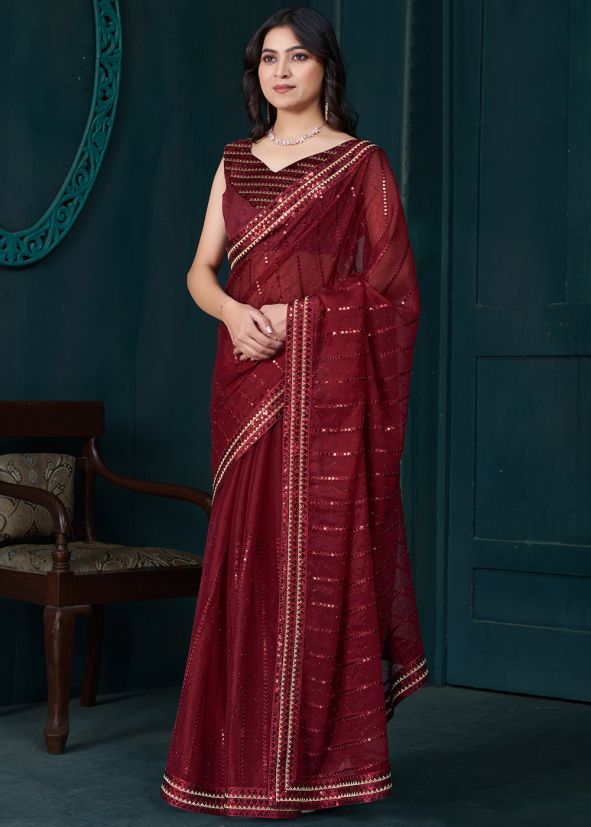 Red Sequin Work Organza Saree