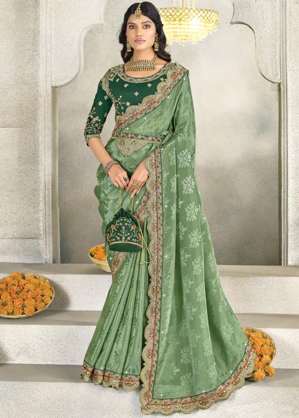 Green Embroidered Silk Saree
