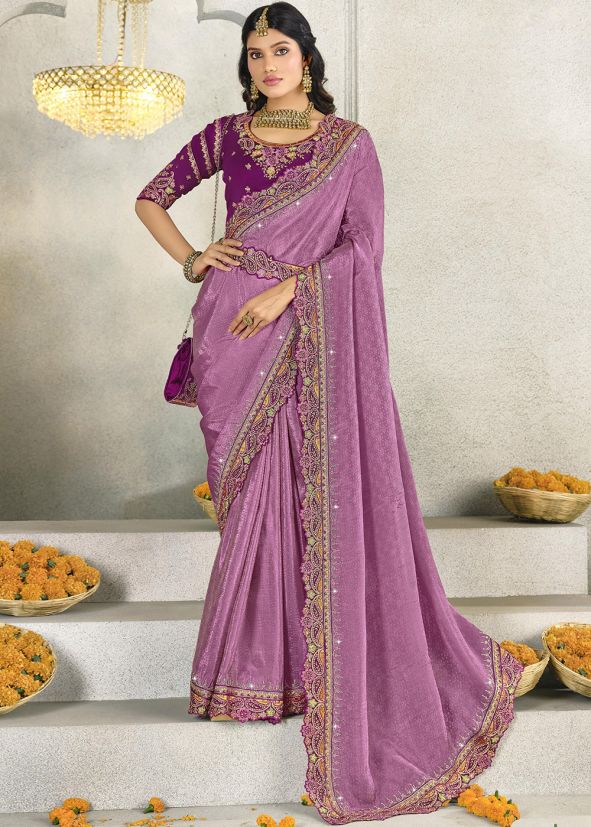 Purple Embroidered Saree In Silk