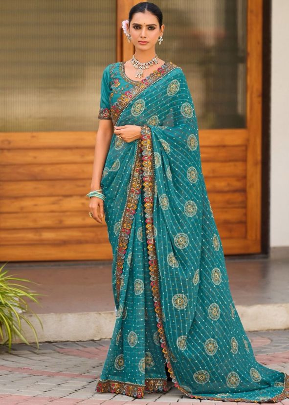 Blue Georgette Embroidered Saree & Blouse