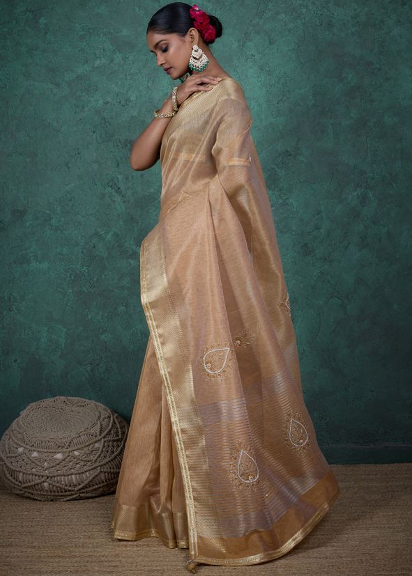 Cream Woven Border Linen Saree