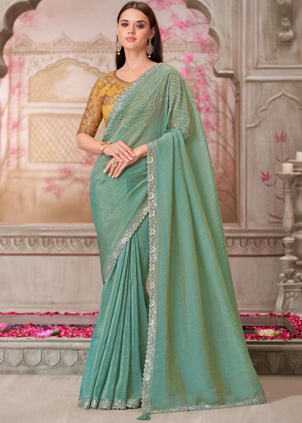 Blue Embroidered Satin Saree