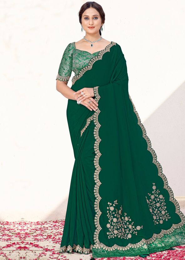 Green Handwork Embroidered Saree & Blouse