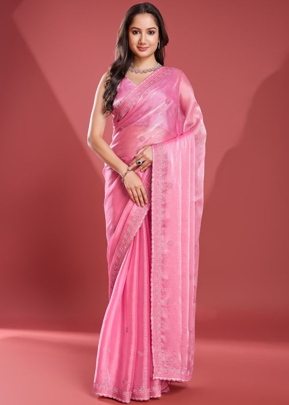 Pink Embroidered Border Saree In Tissue