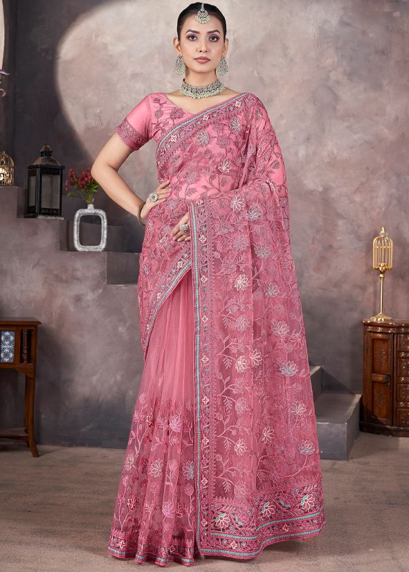 Pink Net Embroidered Saree