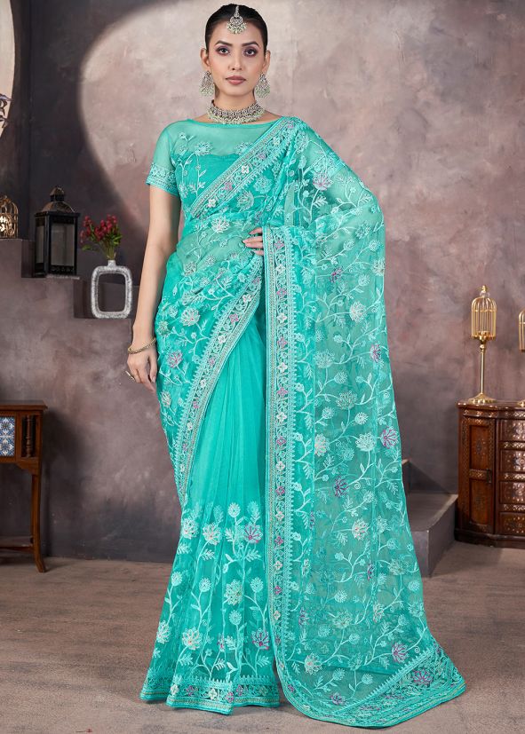 Turquoise Net Embellished Saree