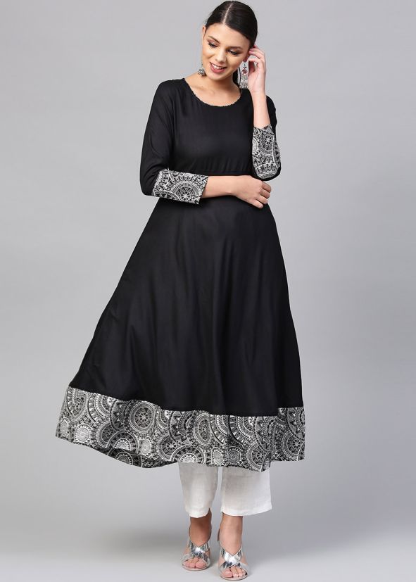 Readymade Black Printed Rayon Kurta