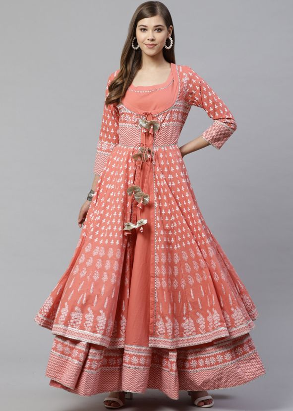 Readymade Jacket Style Long Kurta In Peach
