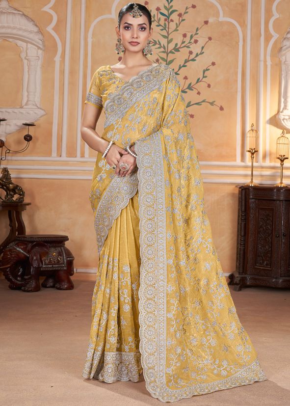 Yellow Crape Saree In Thread Work