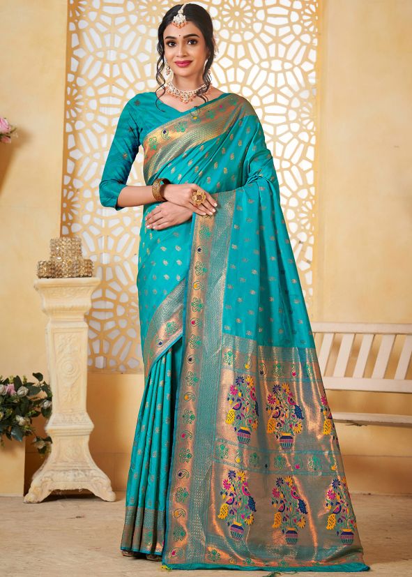 Turquoise Paithani Silk Woven Saree