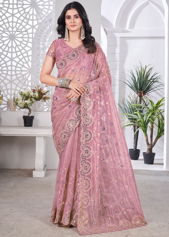 Pink Sequins Embroidered Net Saree