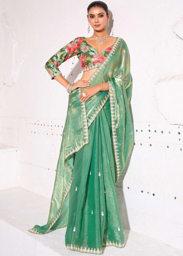 Turquoise Embroidered Border Tissue Saree