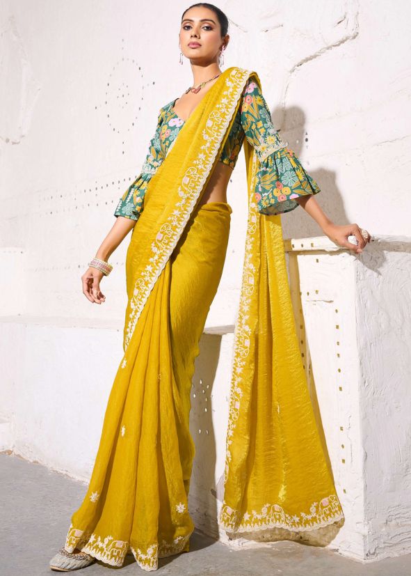 Yellow Embroidered Border Saree & Blouse