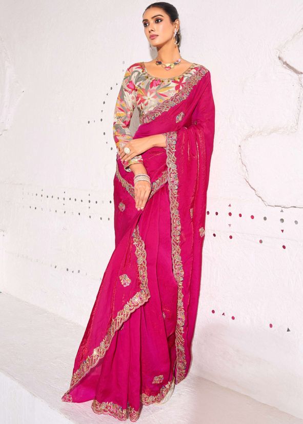 Bright Pink Embroidered Saree