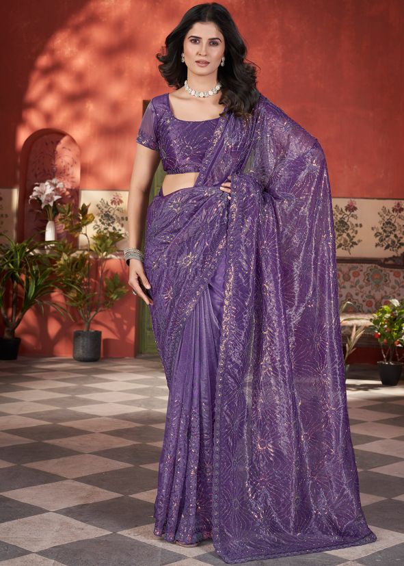 Purple Embroidered Net Saree