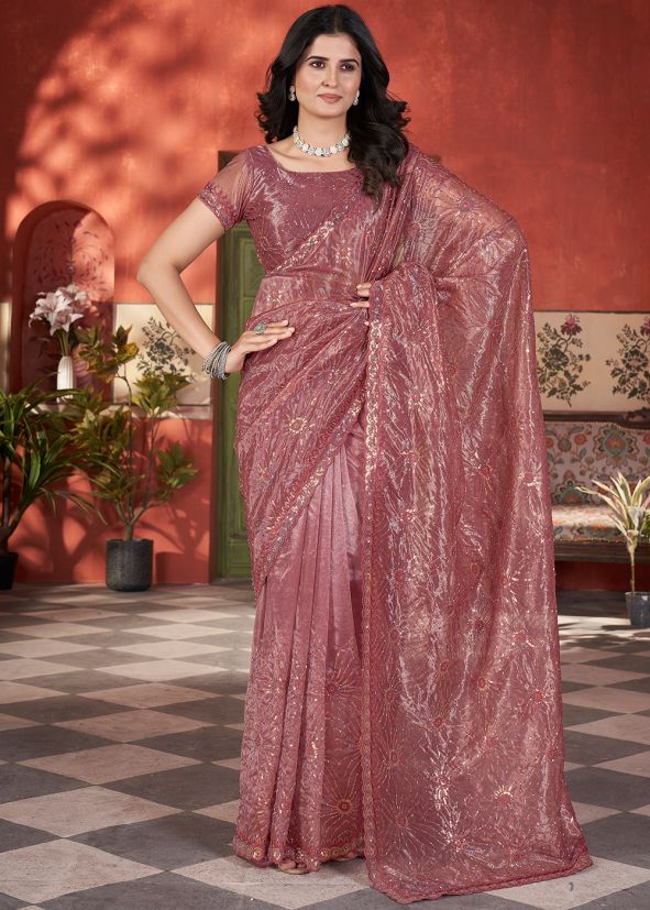 Pink Embroidered Saree In Set