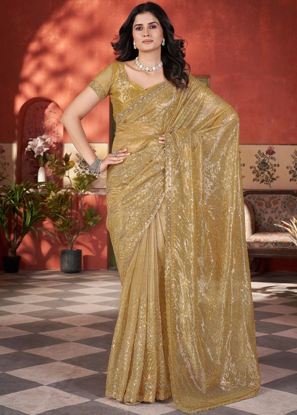 Yellow Embroidered Net Saree