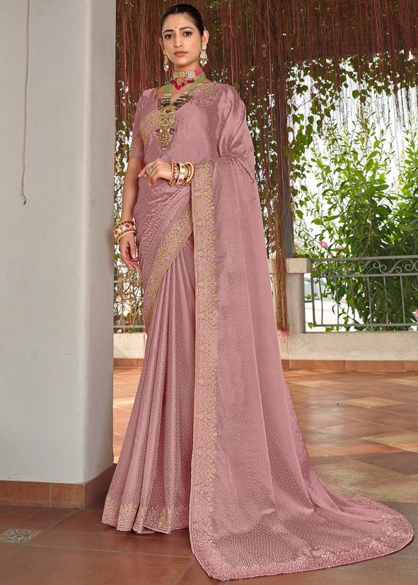 Mauve Pink Embroidered Saree