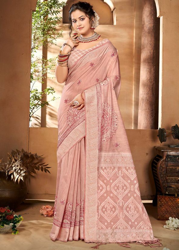 Pink Cotton Woven Saree