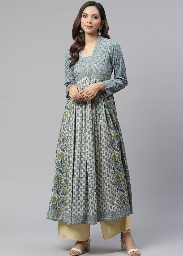 Blue Floral Readymade Anarkali Kurta