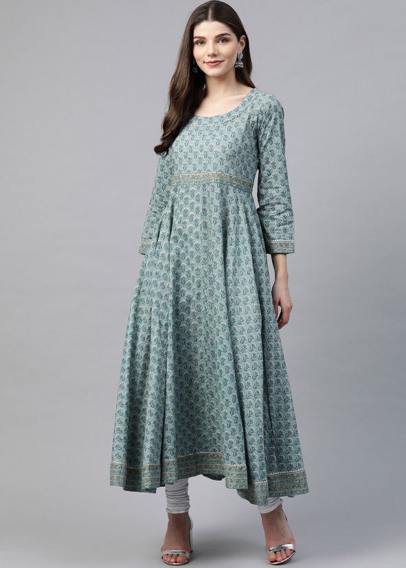 Blue Printed Readymade Long Anarkali Kurta