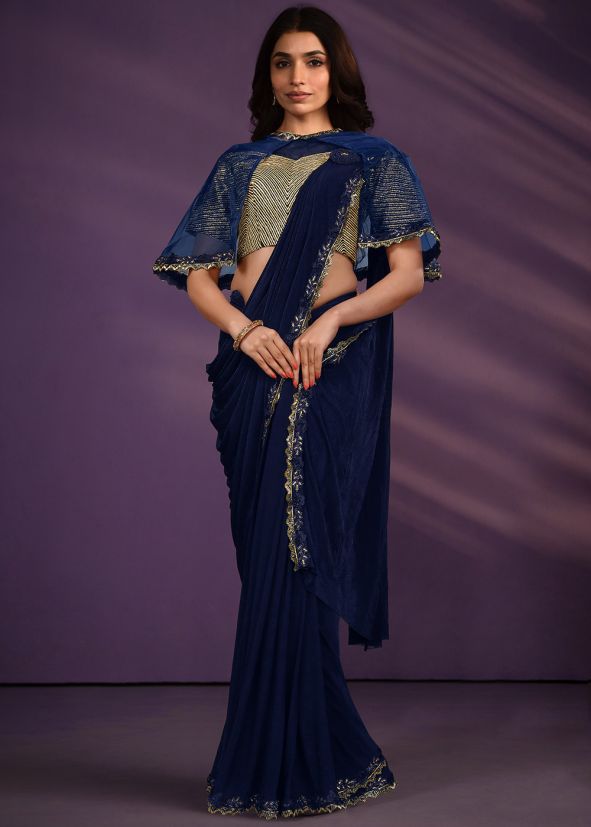 Blue Embroidered Pre-Stitched Saree With Jacket