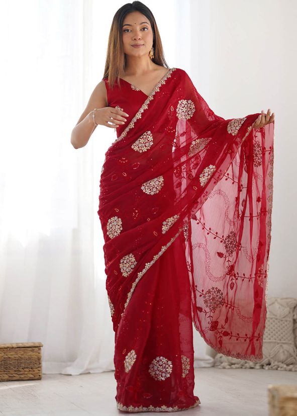 Red Embroidered  Chiffon Saree