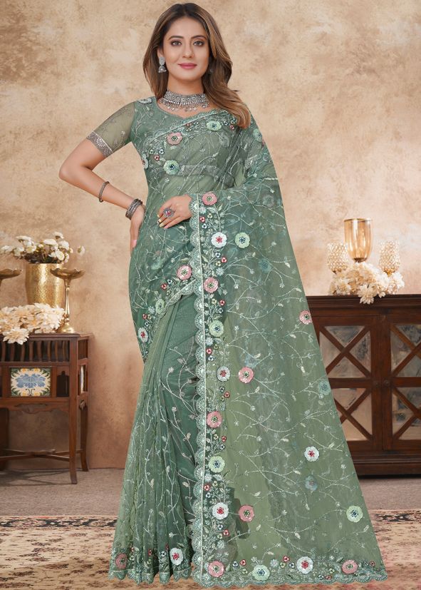 Dusty Green Resham Work Net Saree