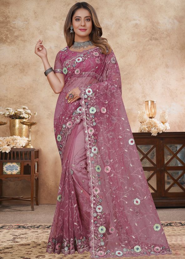 Pink Embroidered Net Saree & Blouse