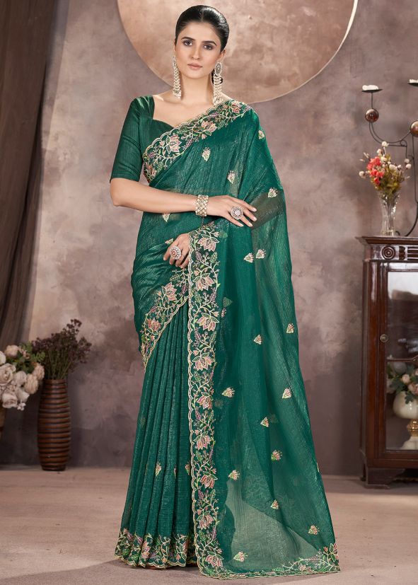 Teal Green Thread Embroidered Saree