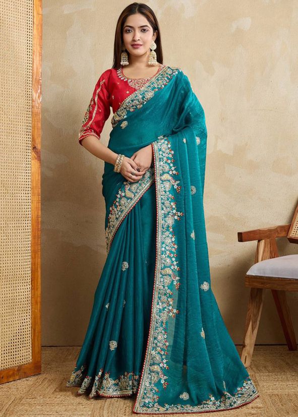 Blue Embroidered Chiffon Saree