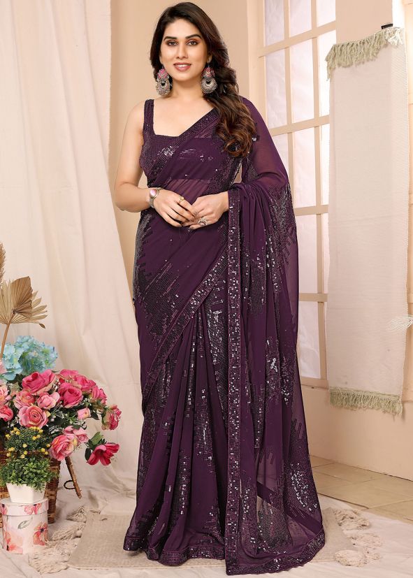 Puple Sequin Work Pre-Stitched Saree In Georgette