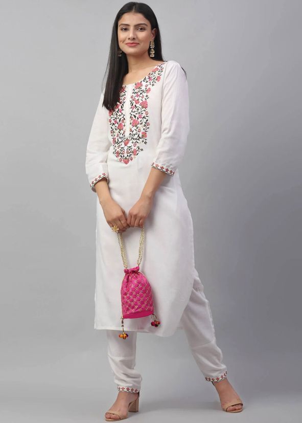 Readymade White Embroidered Kurti