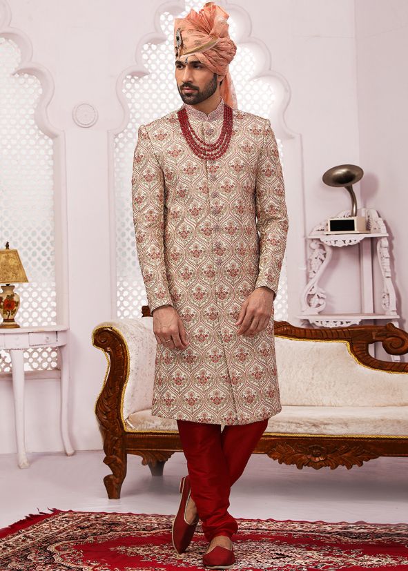 Off White Embroidered Readymade Sherwani
