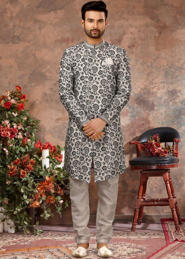 Off White Digital Printed Readymade Sherwani
