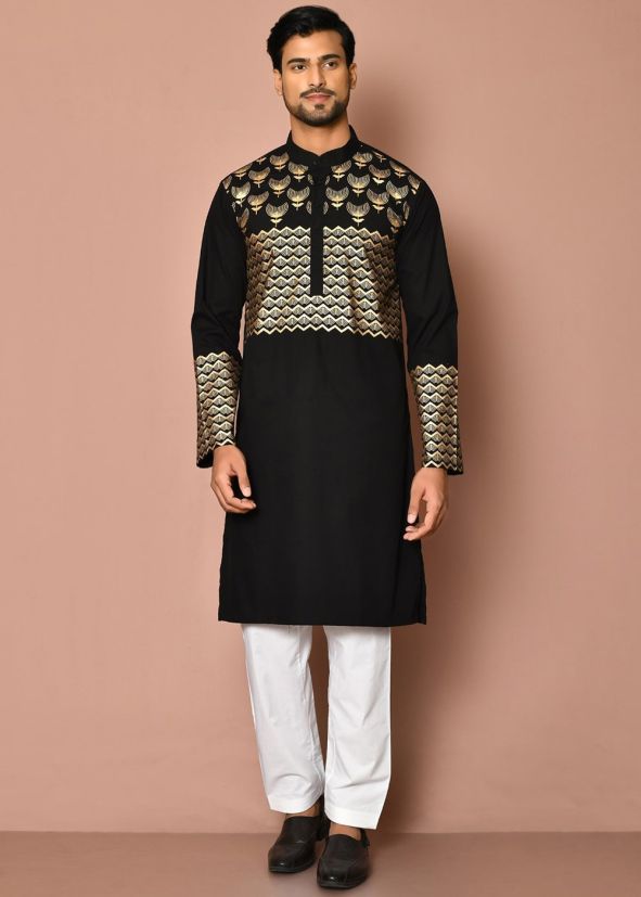 Readymade Black Cotton Printed Kurta