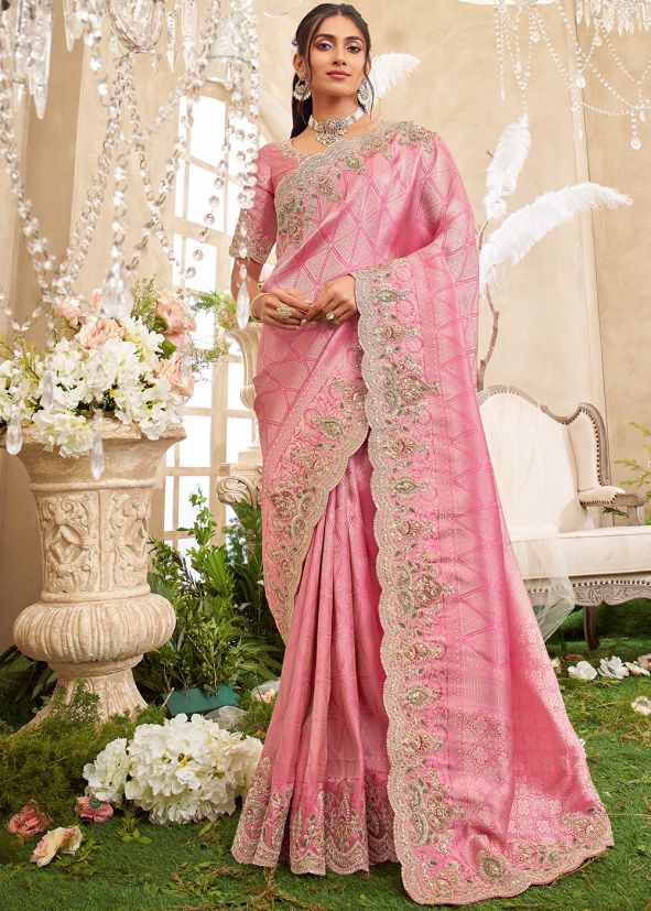 Pink Viscose Saree With Cutwork Border