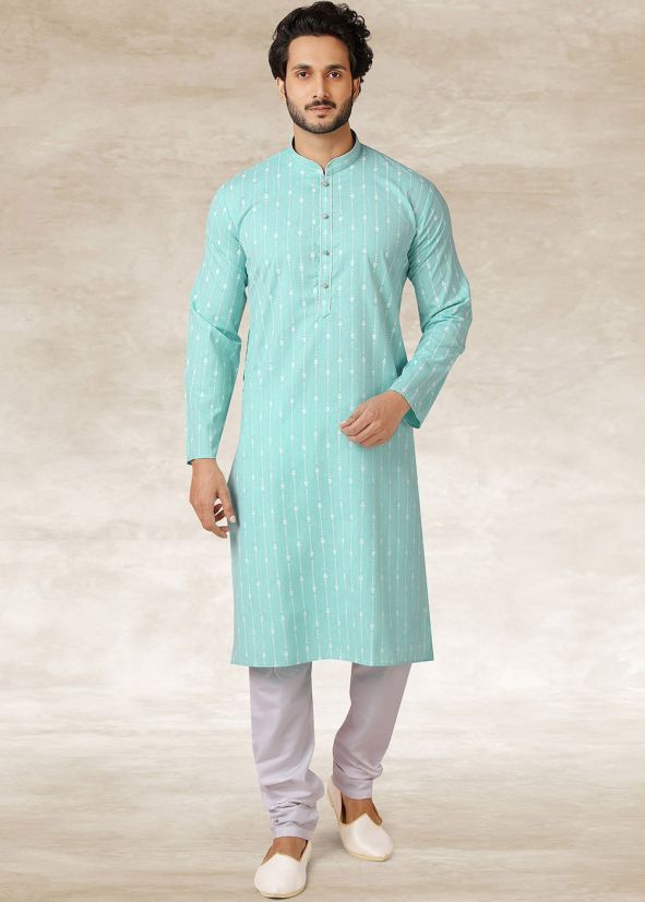 Readymade Turquoise Cotton Printed Kurta Pajama